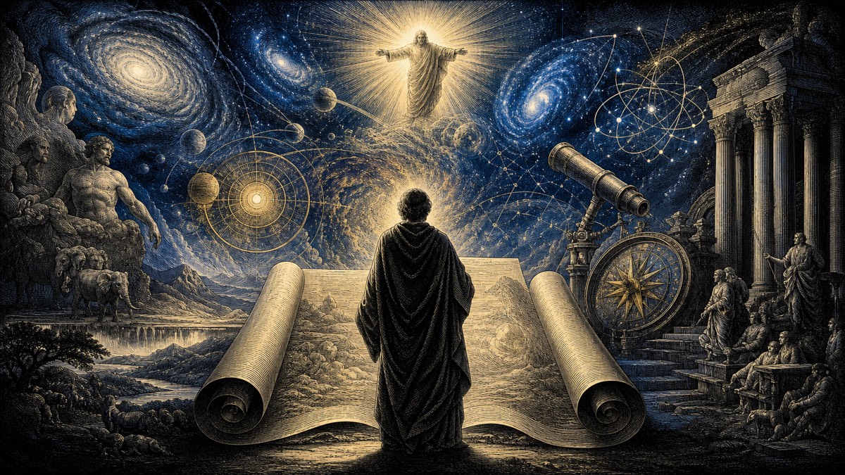 Ilustración editorial de una Biblia abierta junto a símbolos del cosmos, representando el diálogo entre Génesis y la ciencia moderna.